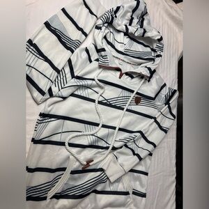 Men's White and Navy Striped Hooded Sweater